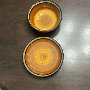 Gorgeous Sunset Glazed pottery 2pc. Mini Bowl & Rimmed Plate Artist Signed Clay